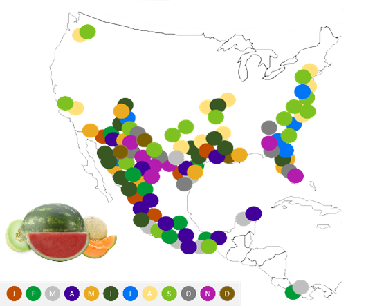 Map of the United States and Mexico with colorful circles in locations of melon suppliers.