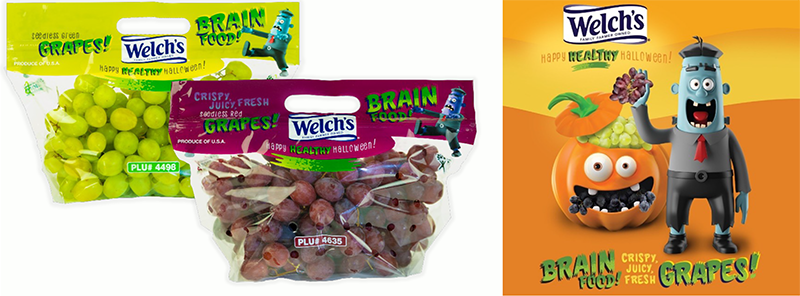 Two bags of Welch's grapes with Halloween packaging. 